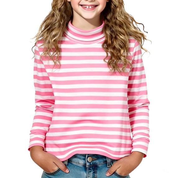 Lenpel Children's Turtleneck Shirts Boys Girls Toddler Cotton Long Sleeve Striped Basic Casual T-Shirts Loose Tee Blouses(Pink,5-6 Years)