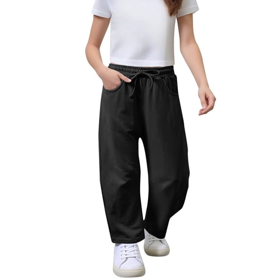 Lenpel Children's Wide Leg Sweatpants Unisex Boys Girls Elastic Waist Drawstring Baggy Joggers Pants Casual Workout Trousers(Black,10-11 Years)