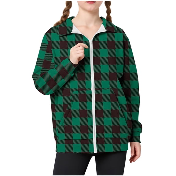 Lenpel Children's Zip up Sweatshirts Boys Girls Long Sleeve Collared Plaid Fleece Jackets Casual Outwear Coats with Pockets(Green,14-15 Years)