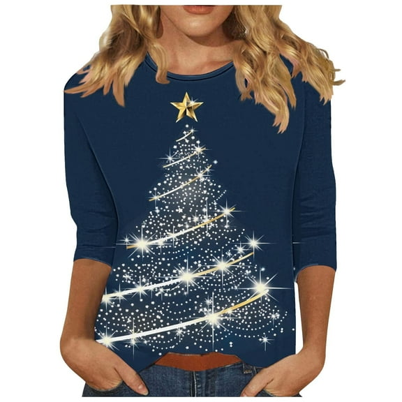 Lenpel Christmas Shirts for Women 3/4 Sleeve Crew Neck Graphic Sweatshirts Fall Winter Plus Size Pullover Tops