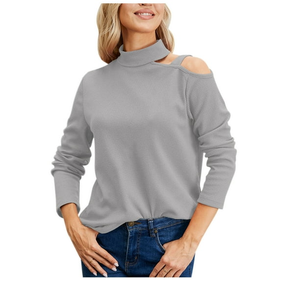 Lenpel Cold Shoulder Tops for Women Long Sleeve Mock Neck Solid Color Knit Shirts Fall Fashion Tunic Blouses