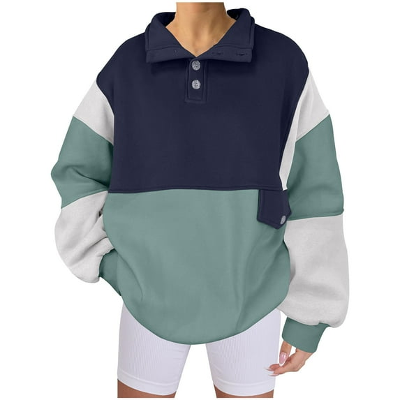 Lenpel Color Block Casual Sweatshirt for Women V Neck Button up Long Sleeve Shirts Loose Warm Pullover Tops
