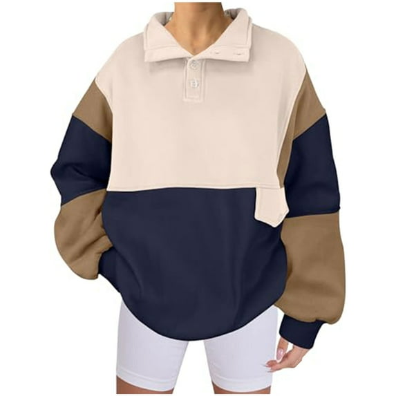 Lenpel Color Block Casual Sweatshirt for Women V Neck Button up Long Sleeve Shirts Loose Warm Pullover Tops