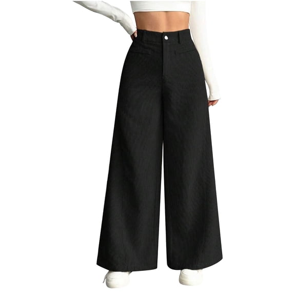 Lenpel Corduroy Pants for Women Business Casual Elastic High Waisted Thick Warm Wide Leg Pants Baggy Lounge Trousers(Black,Large)