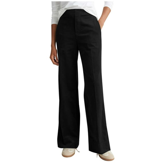 Lenpel Corduroy Pants for Women Comfy Warm Elastic High Waisted Wide Leg Work Pants Business Casual Trousers with Pockets(Black,X-Large)