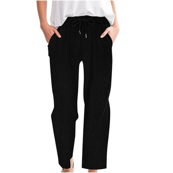 Lenpel Corduroy Pants for Women Elastic High Waisted Drawstring Straight Leg Vintage Lounge Pants Loose Casual Sweatpants(Black,Medium)