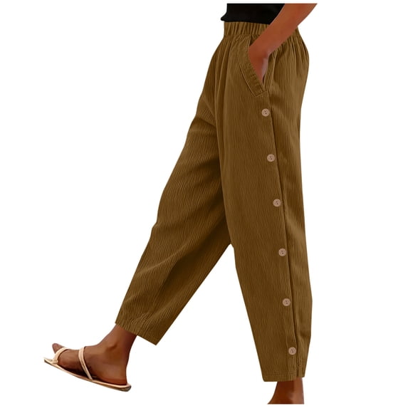 Lenpel Corduroy Pants for Women Elastic High Waisted Pull on Side Button Tapered Leg Comfy Trousers Baggy Casual Pants(Brown,X-Large)