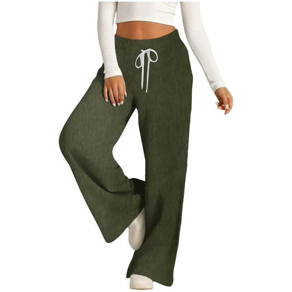 Lenpel Corduroy Pants for Women Fall Winter High Waisted Drawstring Wide Leg Pants Casual Trousers with Pockets