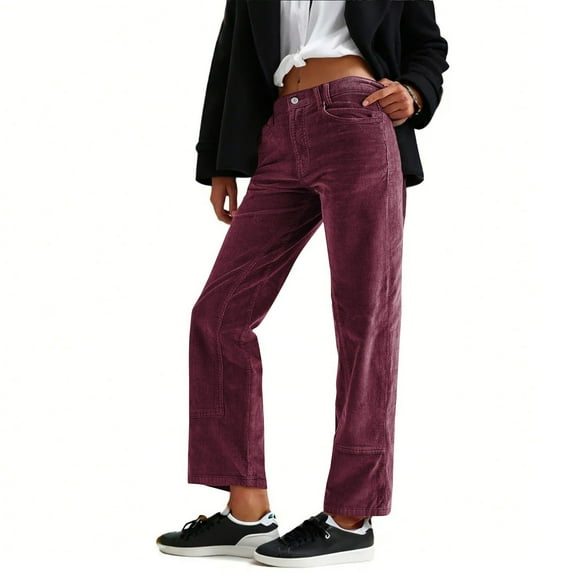 Lenpel Corduroy Pants for Women High Waisted Button Straight Leg Pants Casual Fall Winter Trousers with Pockets