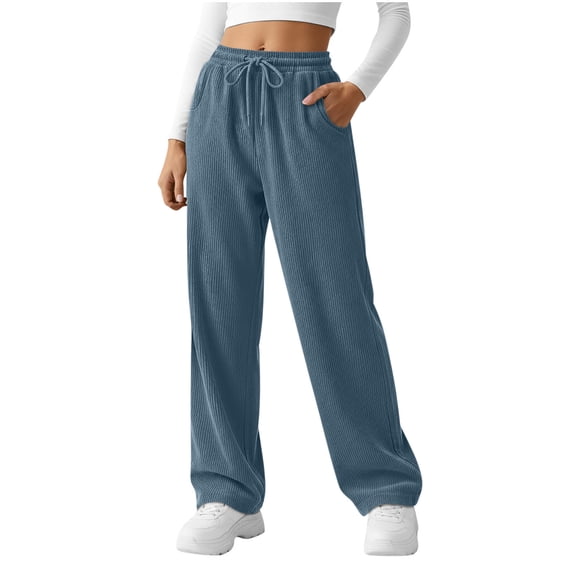 Lenpel Corduroy Pants for Women Loose Elastic High Waisted Drawstring Straight Leg Comfy Trousers Trendy Casual Pants with Pockets(Blue,Small)