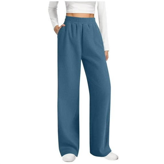 Lenpel Corduroy Pants for Women Vintage Elastic High Waisted Pull on Wide Leg Comfy Trousers Baggy Casual Pants with Pockets(Blue,Small)