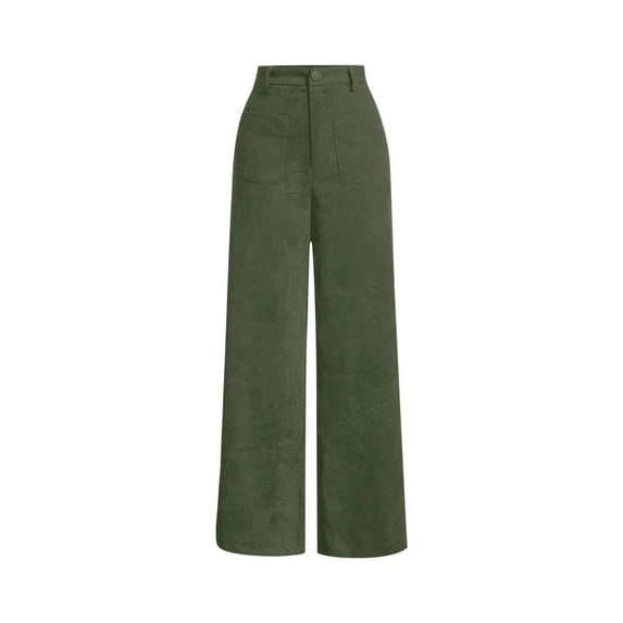 Lenpel Corduroy Pants for Women Vintage Elastic High Waisted Wide Leg Pants Business Casual Work Trousers with Pockets(Green,X-Large)