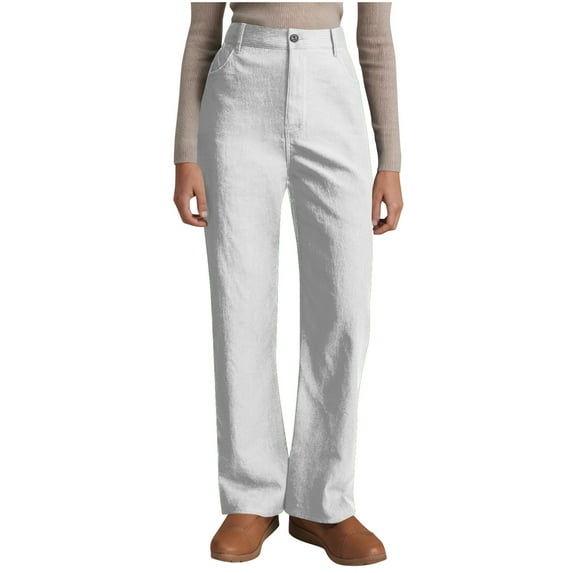Lenpel Corduroy Pants for Women Vintage High Waisted Straight Leg Pants Business Casual Trousers with Pockets(White,Medium)