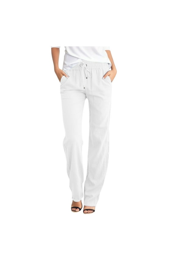 Cotton Line Casual Pants for Women Elastic High Waited Drawstring Straight Leg Trousers Loose Lounge Pants