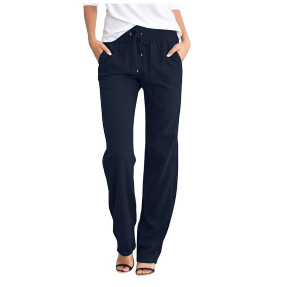 Lenpel Cotton Line Casual Pants for Women Elastic High Waited Drawstring Straight Leg Trousers Loose Lounge Pants