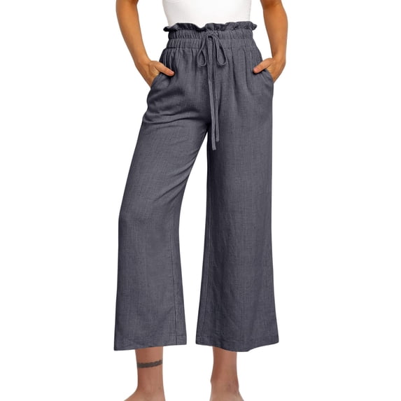 Lenpel Cotton Linen Casual Pants Women High Waisted Drawstring Baggy Beach Trousers Loose Comfy Summer Wide Leg Pants