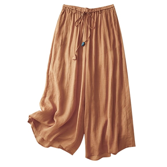 Lenpel Cotton Linen Culotte Pants for Women Crpped Elastic Waisted Wide Leg Beach Pants Flowy Casual Palazzo Trousers