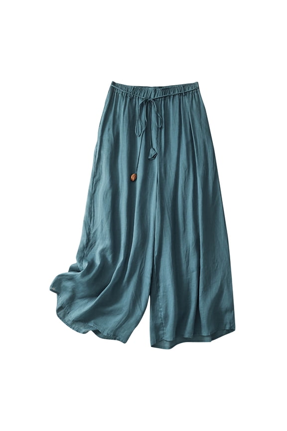 Cotton Linen Culotte Pants for Women Crpped Elastic Waisted Wide Leg Beach Pants Flowy Casual Palazzo Trousers