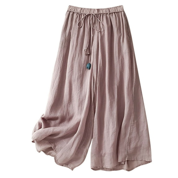 Lenpel Cotton Linen Culotte Pants for Women Crpped Elastic Waisted Wide Leg Beach Pants Flowy Casual Palazzo Trousers