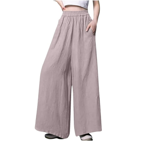 Lenpel Cotton Linen Culottes Pants for Women Wide Leg Elastic Waist Casual Palazzo Trousers Loose Beach Pants
