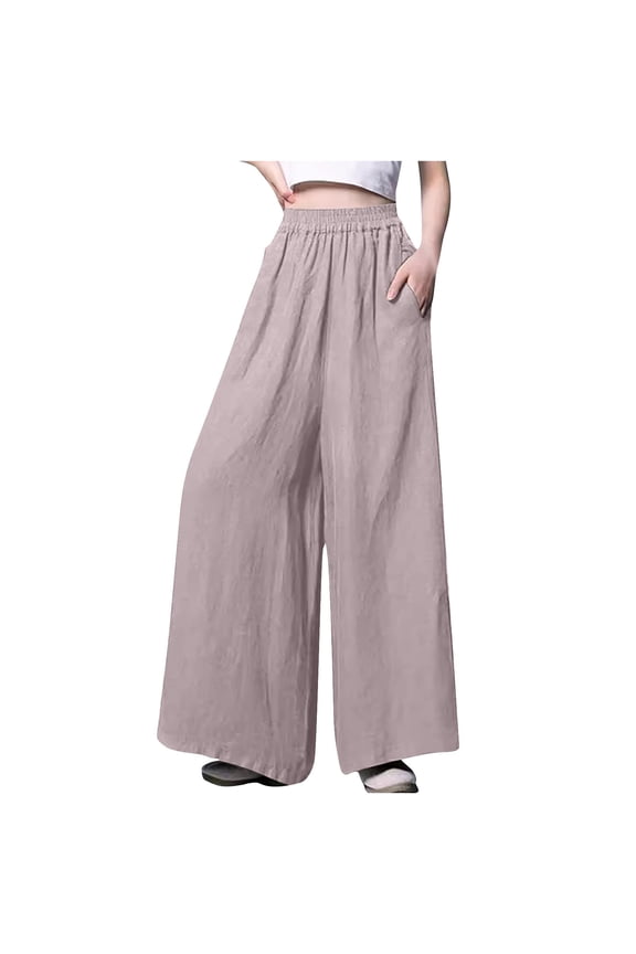 Cotton Linen Culottes Pants for Women Wide Leg Elastic Waist Casual Palazzo Trousers Loose Beach Pants