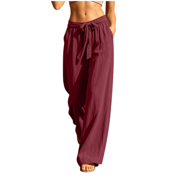 Lenpel Cotton Linen Palazzo Pants for Women Fashion Drawstring Low Rise Wide Leg Pleated Pants Lightweight Flowy Comfy Beach Outfits