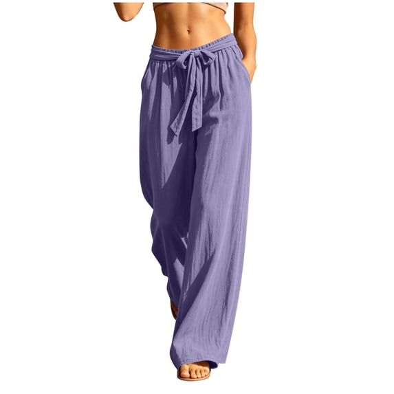 Lenpel Cotton Linen Palazzo Pants for Women Fashion Drawstring Low Rise Wide Leg Pleated Pants Lightweight Flowy Comfy Beach Outfits