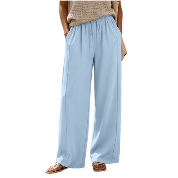 Lenpel Cotton Linen Pants for Women Fall Casual Loose Drawstring Elastic Waist Baggy Trousers Solid Color Wide Leg Pants with Pockets(Light Blue,X-Large)