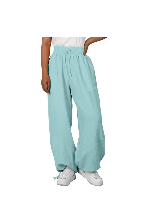 Cotton Linen Pants for Women Baggy Elastic High Waisted Drawstring Wide Leg Casual Trousers Palazzo Lounge Pants with Pockets