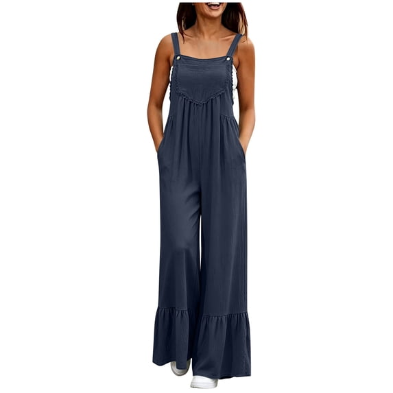 Lenpel Cotton Linen Pleated Overalls for Women Lounge Adjustable Strap Rompers Casual Ruffle Wide Leg Jumpsuits with Pockets