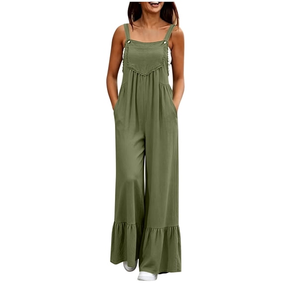 Lenpel Cotton Linen Pleated Overalls for Women Lounge Adjustable Strap Rompers Casual Ruffle Wide Leg Jumpsuits with Pockets