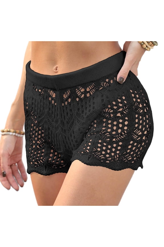 Crochet Shorts for Women High Waisted Scalloped Hem Hollow out Knit Summer Casual Beach Shorts Cover Up Shorts
