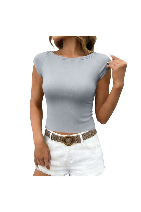 Crop Tops for Women Cap Short Sleeve Boat Neck Solid Color Slim T-Shirts Tight Casual Tee Blouses Going out Tops