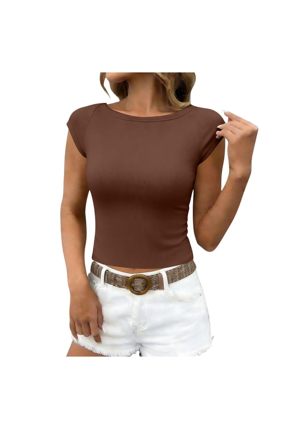 Crop Tops for Women Cap Short Sleeve Boat Neck Solid Color Slim T-Shirts Tight Casual Tee Blouses Going out Tops