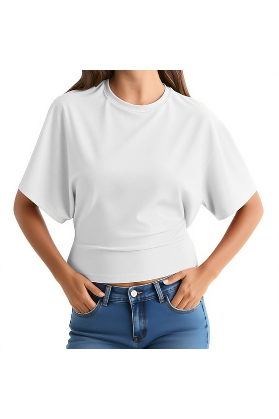 Crop Tops for Women Short Sleeve Crew Neck Cinch Waist Cropped T-Shirts Trendy Casual Tees Loose Fashion Blouses