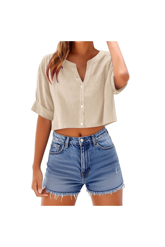 Crop Tops for Women Trendy Short Sleeve V Neck Button Front Cropped T-Shirts Casual Loose Tee Blouses