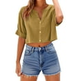 thumbnail image 1 of Lenpel Crop Tops for Women Trendy Short Sleeve V Neck Button Front Cropped T-Shirts Casual Loose Tee Blouses, 1 of 4
