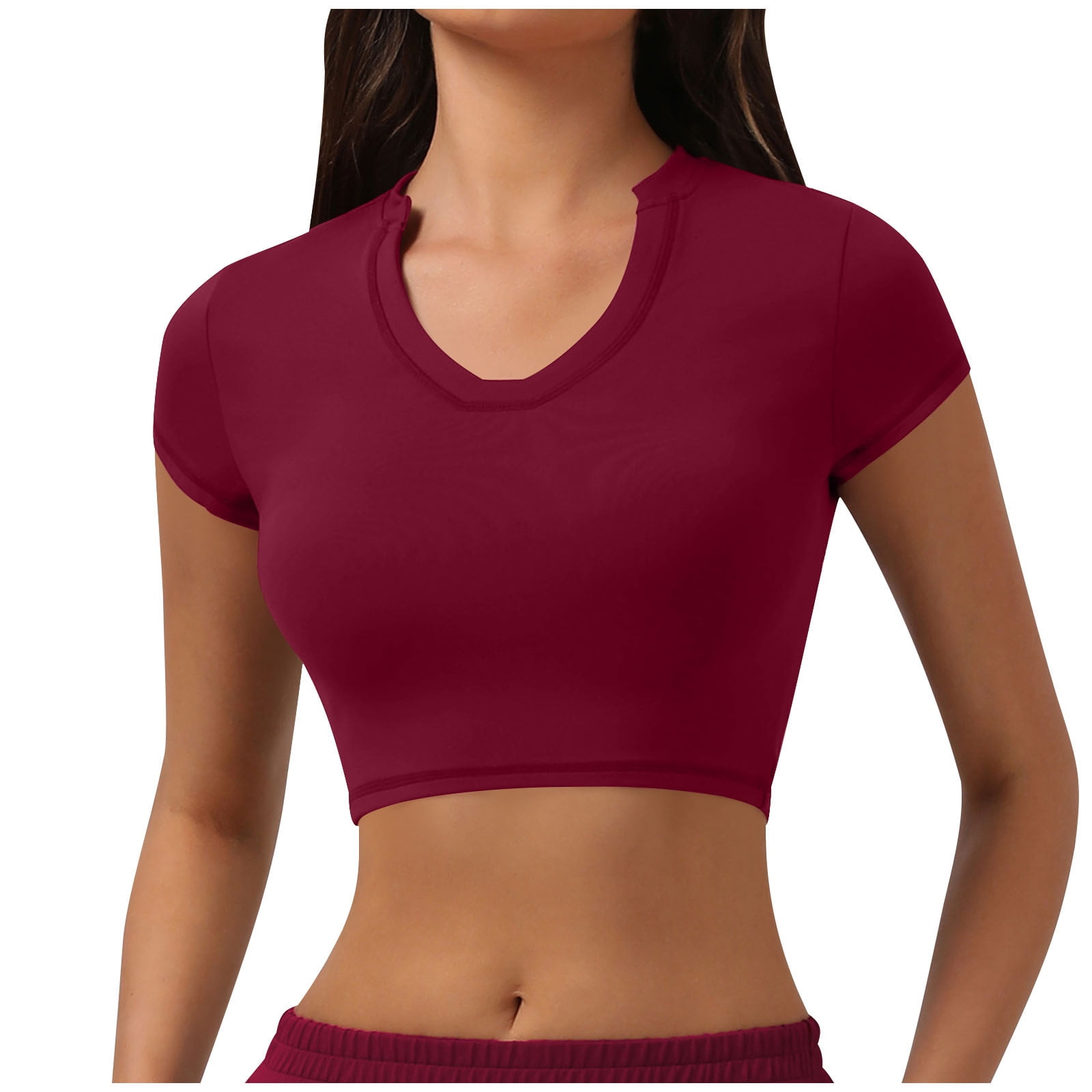 Lenpel Crop Workout Tops for Women Seamless Short Sleeve V Neck Slim ...