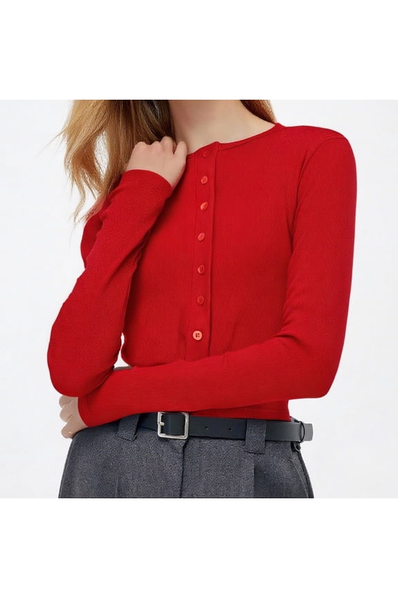 Cropped Cardigan Sweaters for Women Crew Neck Long Sleeve Button down Slim Knit Cardigans Casual Lightweight Sweaters(Red,Large)