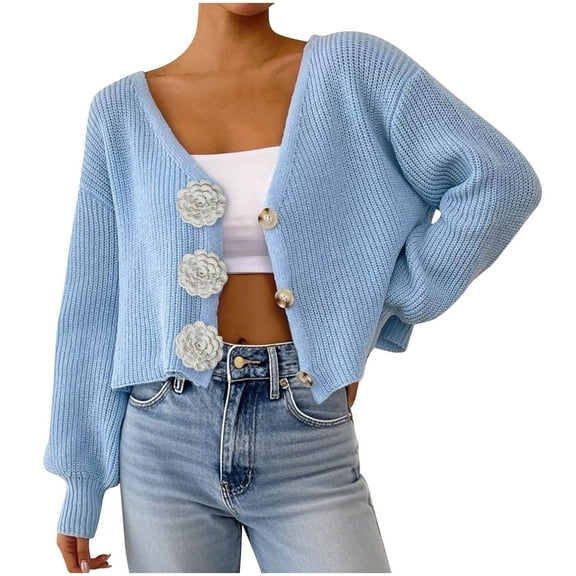 Lenpel Cropped Cardigan Sweaters for Women V Neck Lantern Long Sleeve Button down Chunky Knit Sweaters Casual Outwear Coats(Sky Blue,Large)