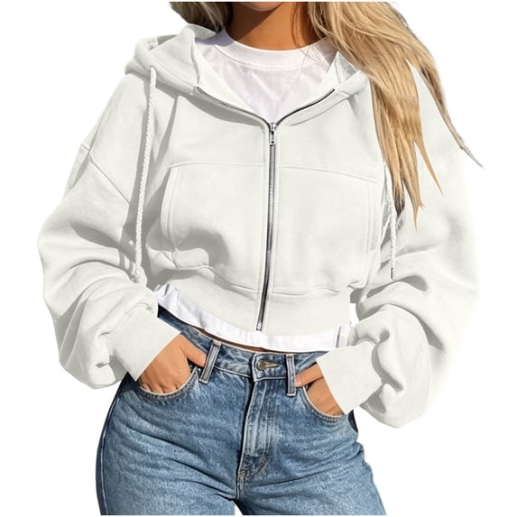 Lenpel Cropped Hooded Jackets for Women Workout Full Zip Long Sleeve Trendy Drawstring Sweatshirt Coats with Pockets Fall Clothes(White,X-Large)