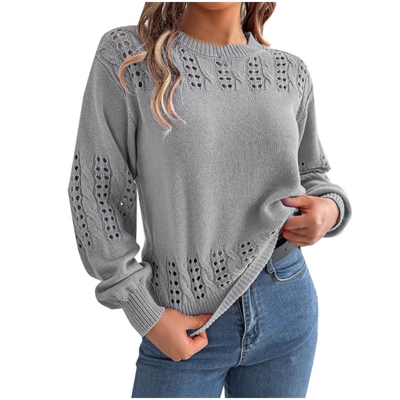 Lenpel Cropped Sweaters for Women Lantern Long Sleeve Mock Neck Hollow out Crochet Knit Tops Casual Pullover Sweaters(Gray,X-Large)