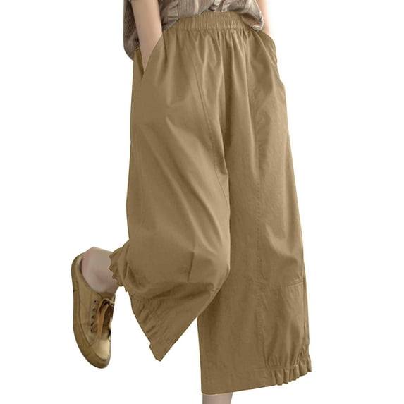 Lenpel Culottes Capri Pants for Women High Waisted Cotton Cropped Wide Leg Pants Casual Palazzo Trousers with Pockets