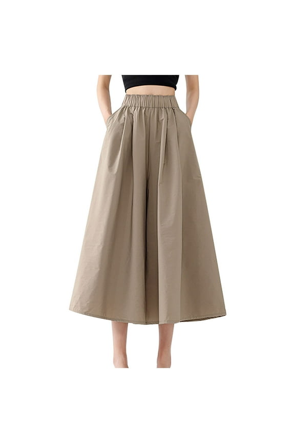 Culottes Pants for Women Casual Elastic Waisted Palazzo Trousers Trendy Flowy Beach Pants with Pockets