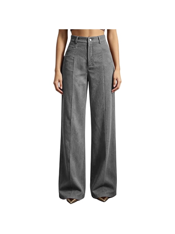 Dress Pants for Women Corduroy High Waisted Wide Leg Office Work Slacks with Pockets Business Casual Trousers Fall Clothes(Gray,Large)