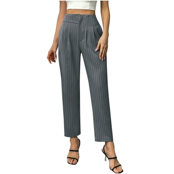 Lenpel Dress Pants for Women Elastic High Waisted Pleated Striped Straight Leg Work Pants Business Casual Trousers with Pockets(Gray,XX-Large)
