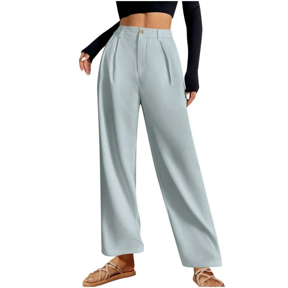 Lenpel Dress Pants for Women Plus Size Elastic High Waisted Pleated Wide Leg Work Pants Business Casual Trousers(Light Blue,Medium)