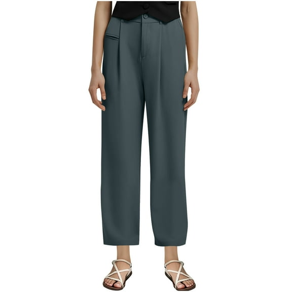 Lenpel Dress Pants for Women Plus Size Zip Button Elastic High Waisted Pleated Straight Leg Work Pants Business Casual Trousers(Gray,X-Large)