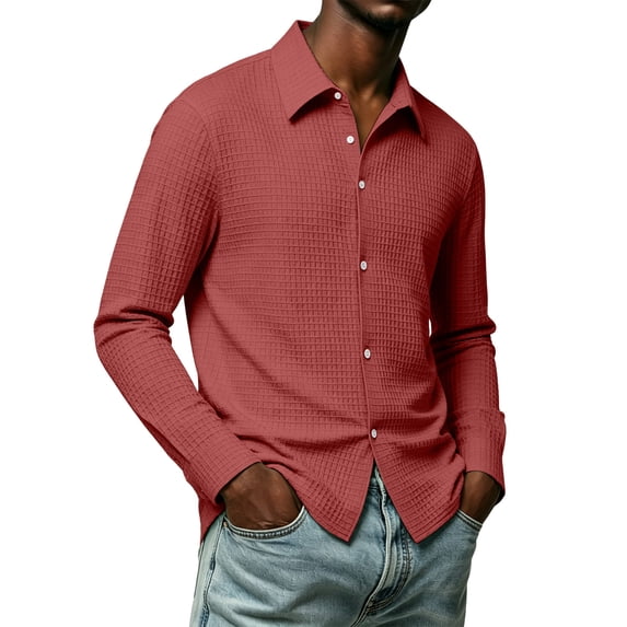Lenpel Dress Shirts for Men Fall Textured Trendy Collared Long Sleeve Business Casual Work Tops with Pockets Comfy Button down Shirts(Wine,Small)