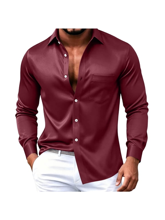 Dress Shirts for Men Satin Trendy Collared Long Sleeve Button down Shirts Silky Business Casual Work Tops Fall Clothes(Red bb2,X-Large)